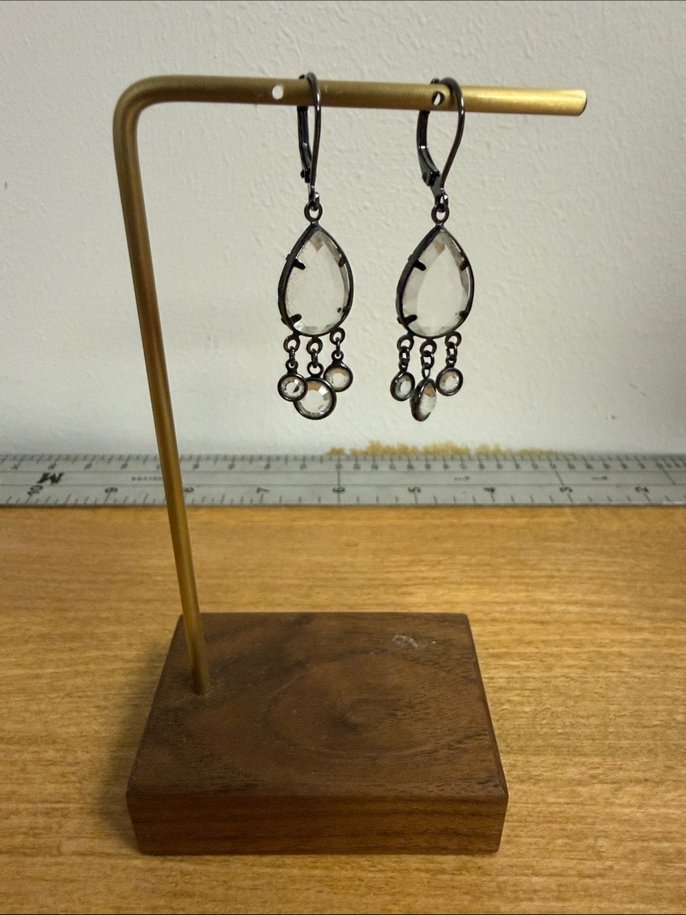 Clear chandelier crystal dangle drop earrings with gunmetal metal accent